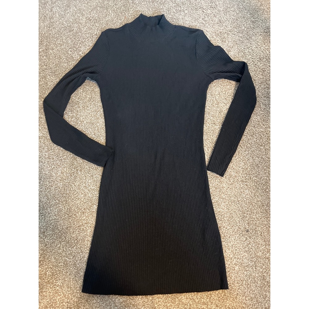 H M Ribbed Mock Neck Long Sleeve Knit Mini Dress Black Size M
